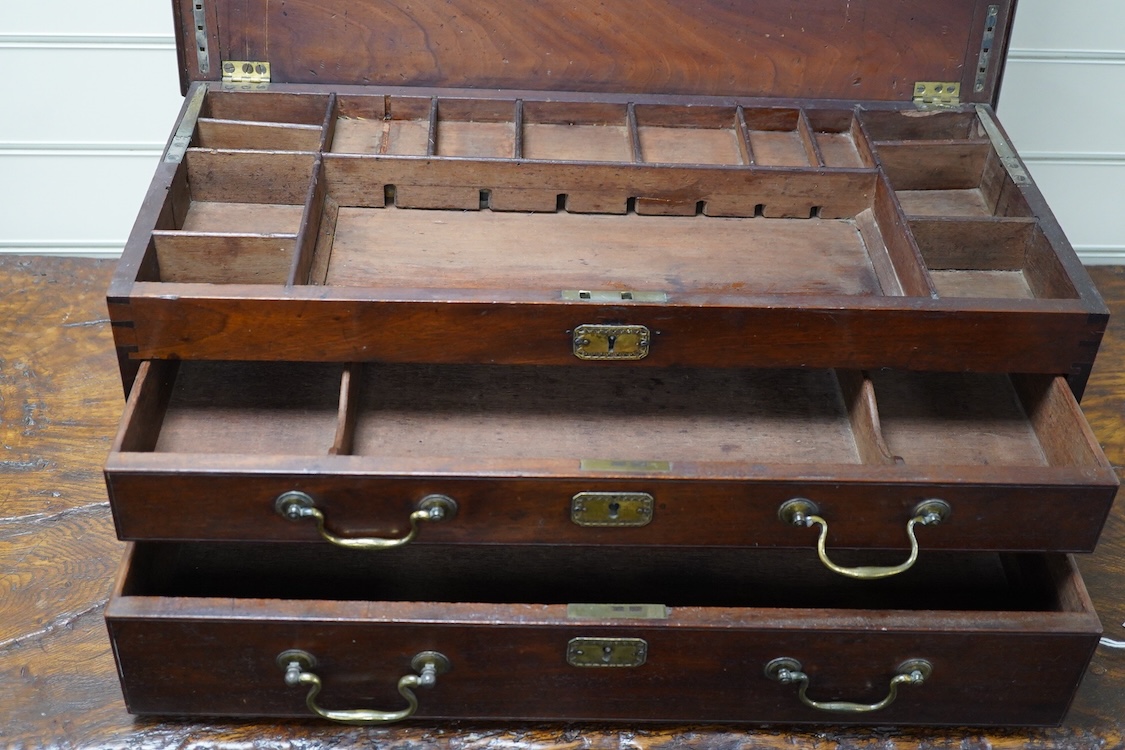 A mahogany table top three drawer stationery chest, 62cm wide, 25cm high, 29cm deep. Condition - fair